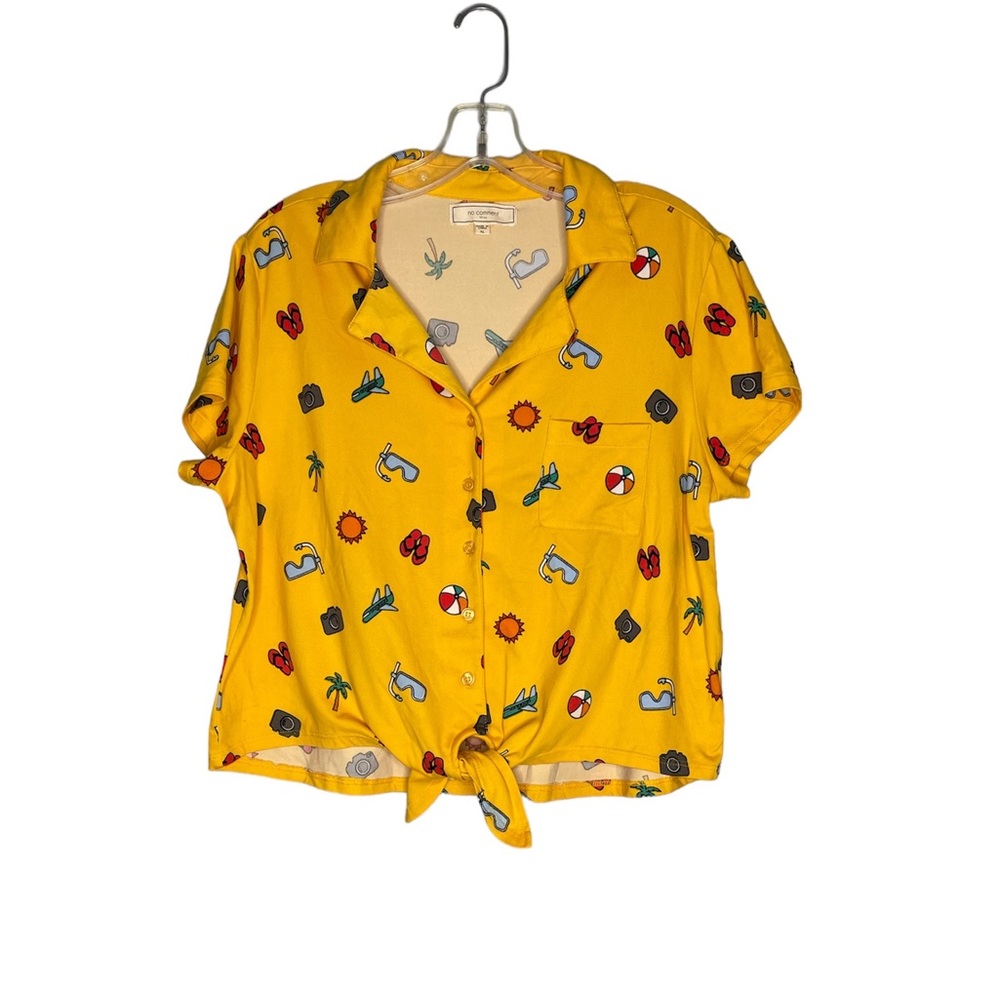 No comment women top yellow short sleeve button up tie front shirt XL